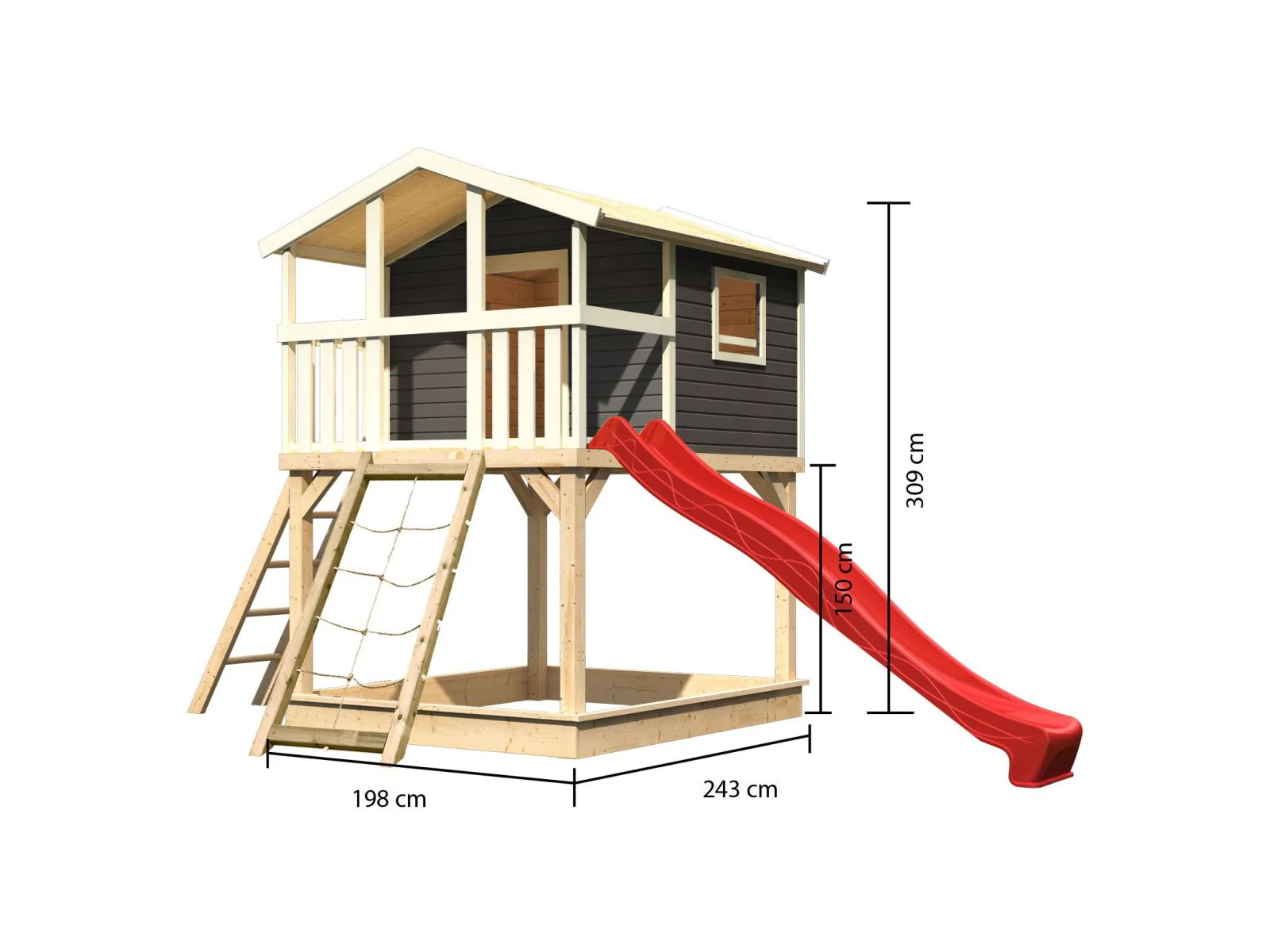 Karibu Stelzenhaus Benjamin terragrau mit Netzrampe und Rutsche in rot - Image 2