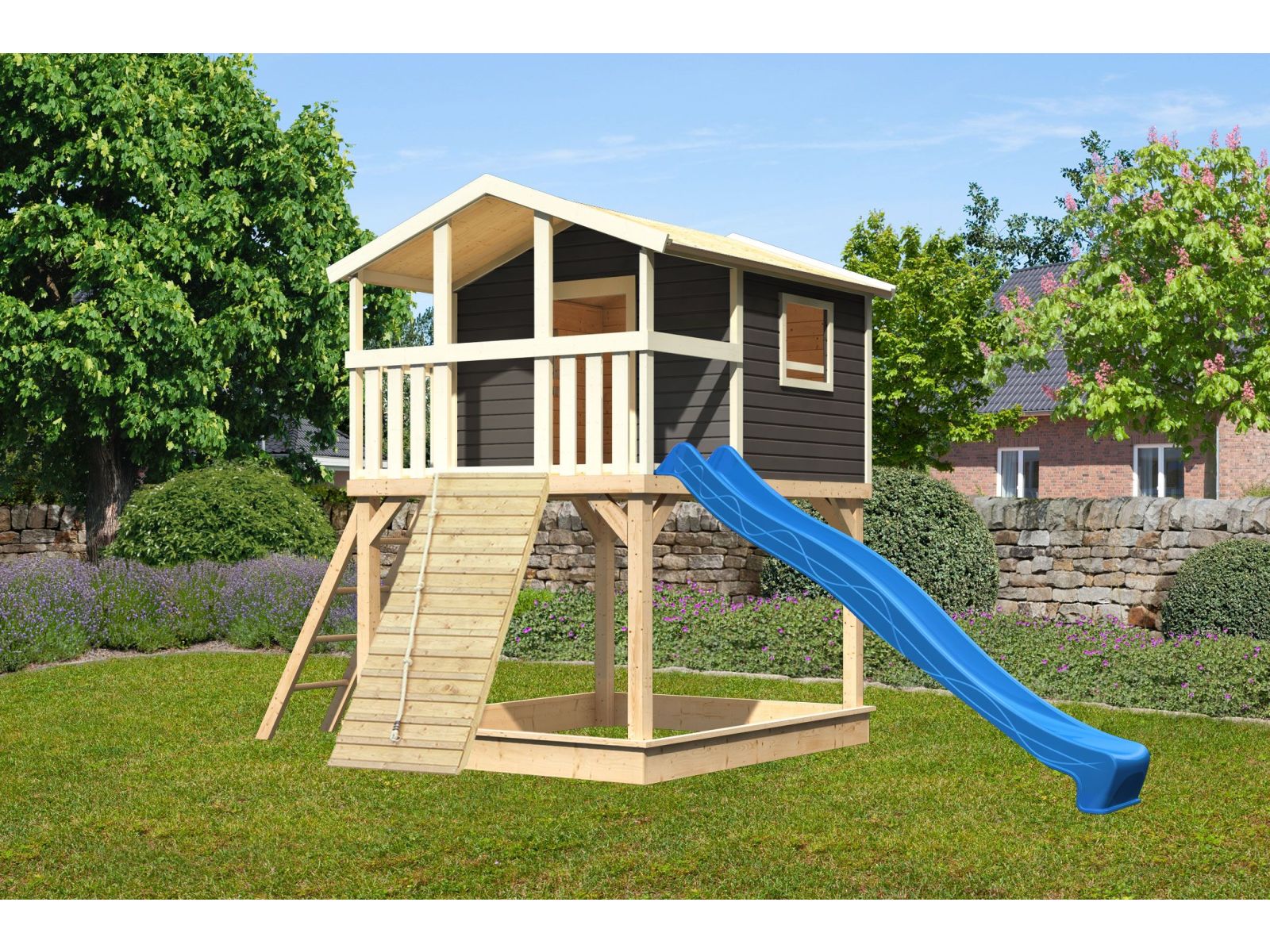 Karibu Stelzenhaus Benjamin terragrau + Rutsche blau + Holzrampe