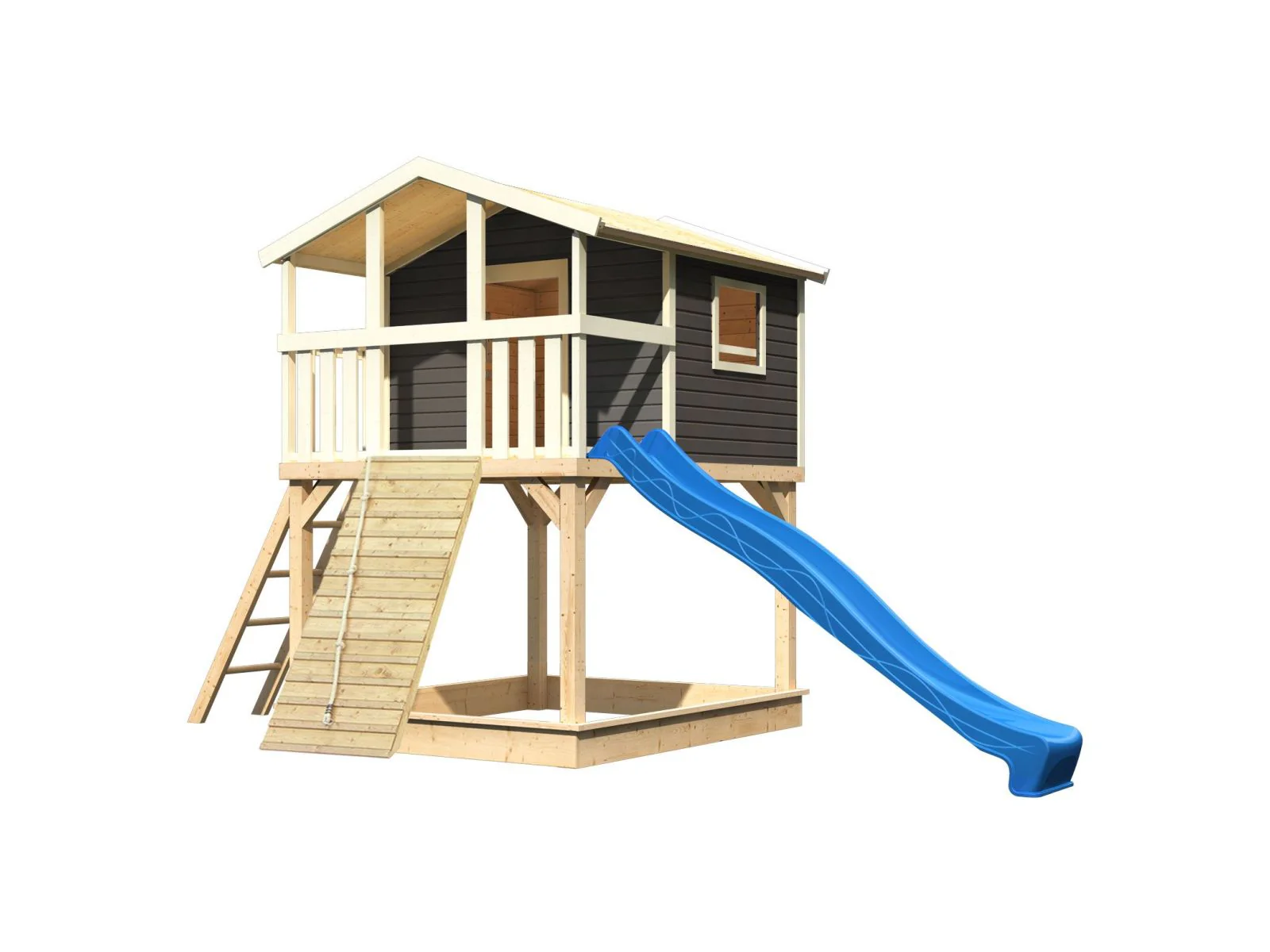 Karibu Stelzenhaus Benjamin terragrau + Rutsche blau + Holzrampe - Image 3