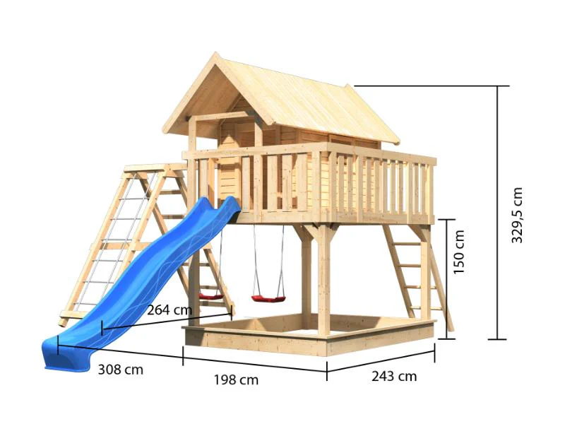 Karibu Stelzenhaus Fidel naturbelassen + Rutsche blau + Doppelschaukelanbau + Klettergerüst und Netz - Image 3