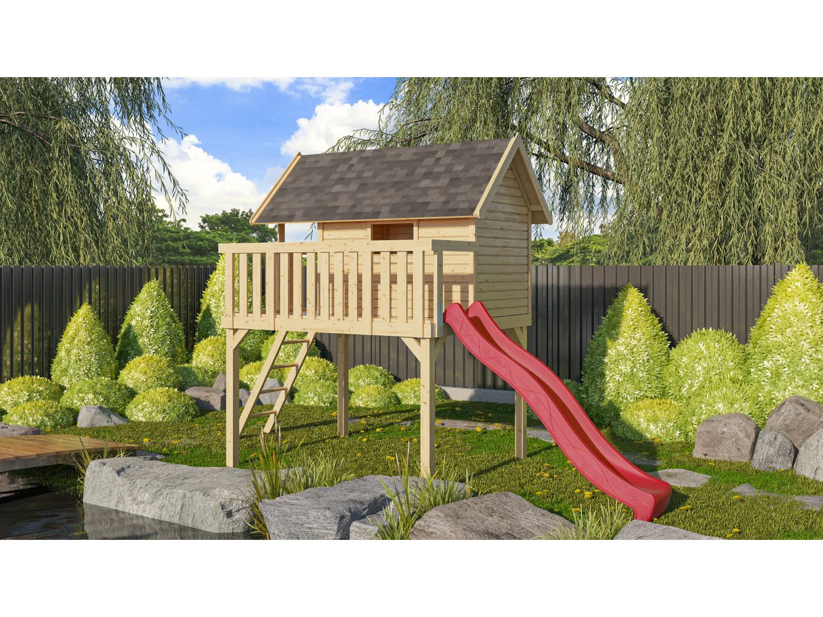 Karibu Stelzenhaus Fidel naturbelassen + Rutsche rot