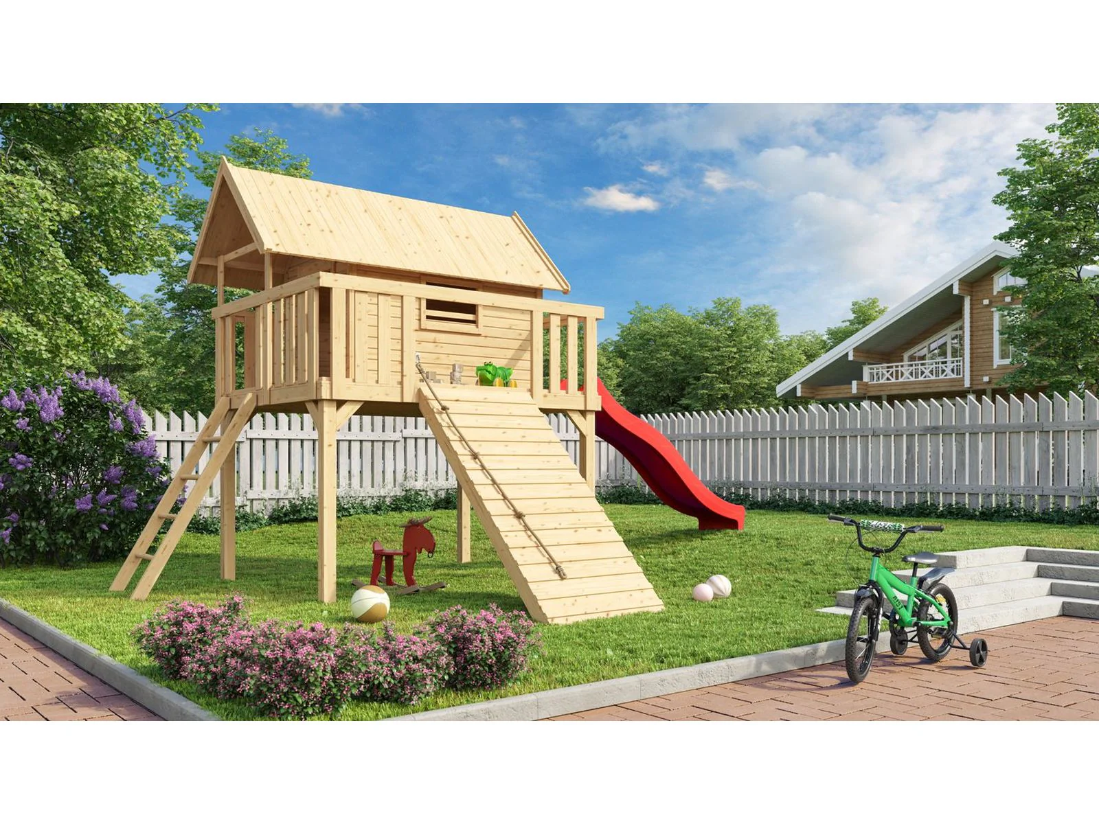 Karibu Stelzenhaus Fidel naturbelassen + Rutsche rot + Holzrampe