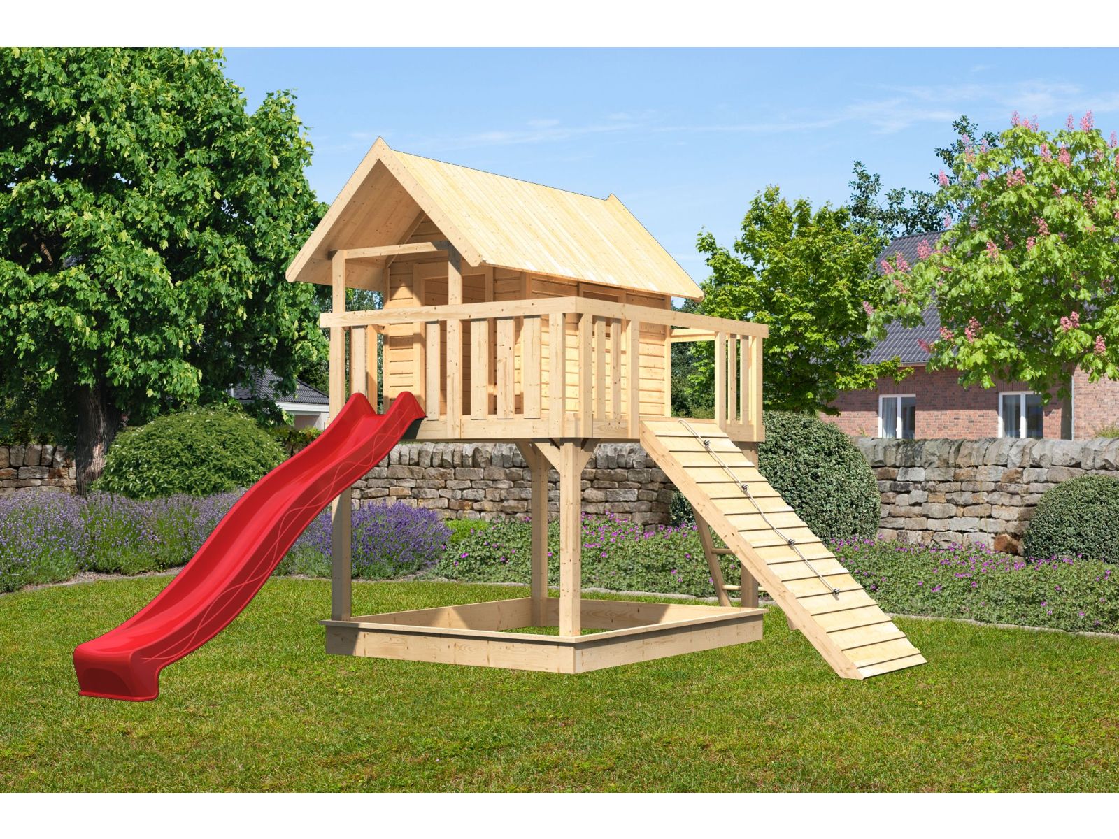 Karibu Stelzenhaus Fidel naturbelassen + Rutsche rot + Holzrampe - Image 2