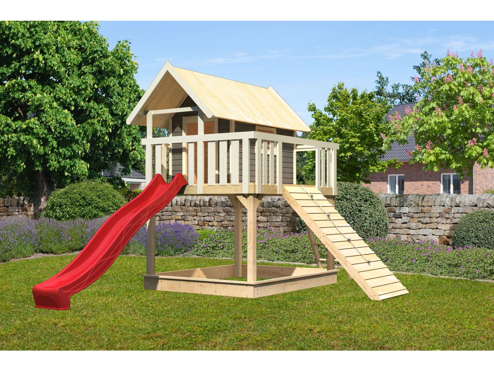 Karibu Stelzenhaus Fidel terragrau + Rutsche rot + Holzrampe