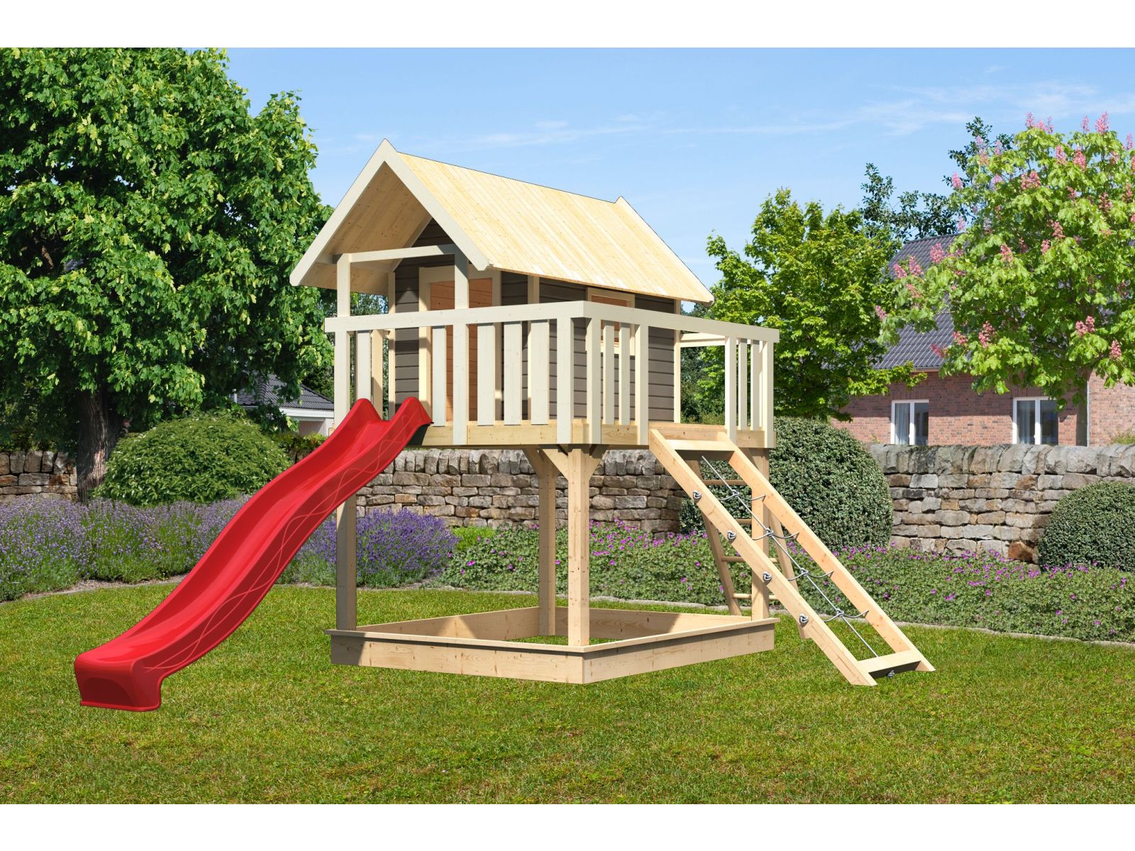 Karibu Stelzenhaus Fidel terragrau + Rutsche rot + Netzrampe