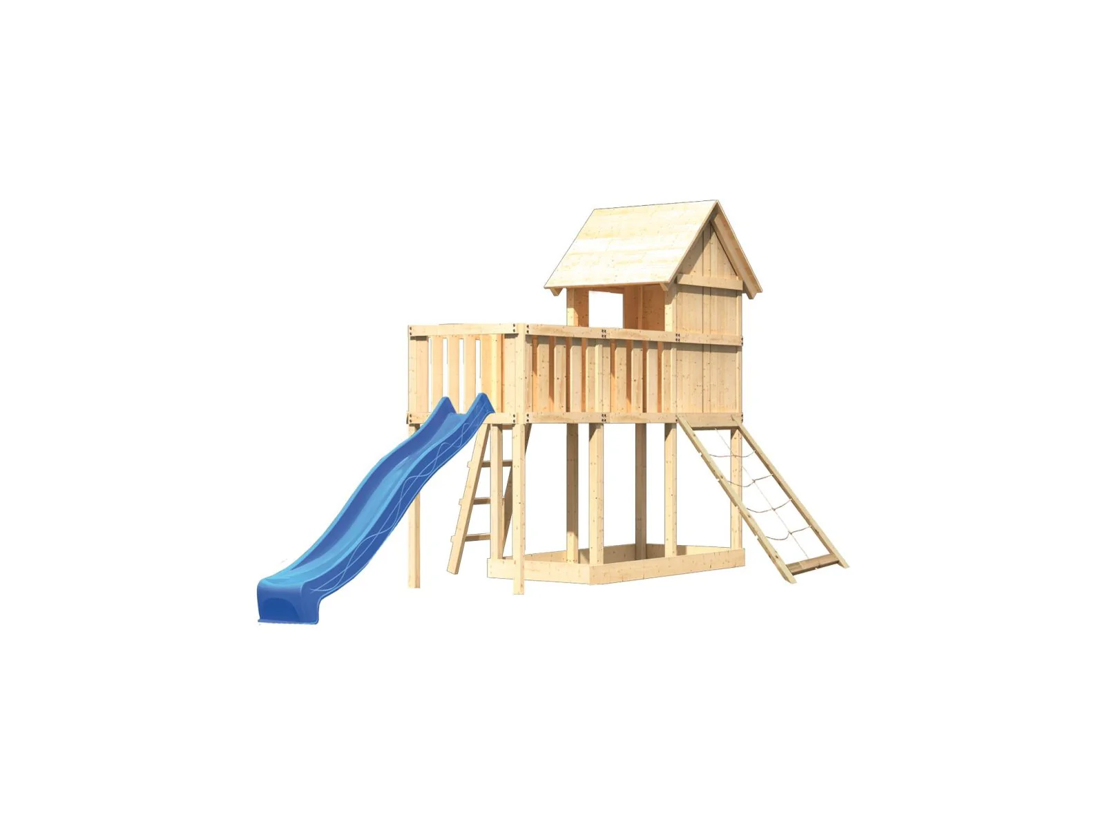 Karibu Stelzenhaus Frieda + Rutsche blau + Anbauplattform + Netzrampe - Image 4