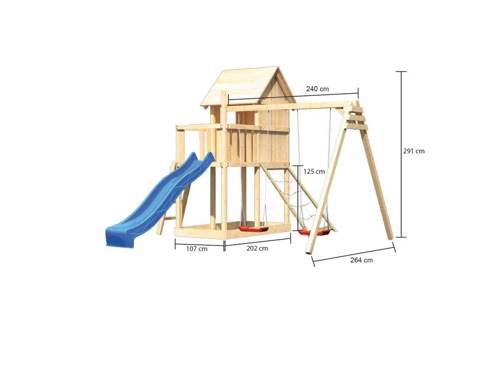 Karibu Stelzenhaus Frieda + Rutsche blau + Doppelschaukel + Netzrampe - Image 3