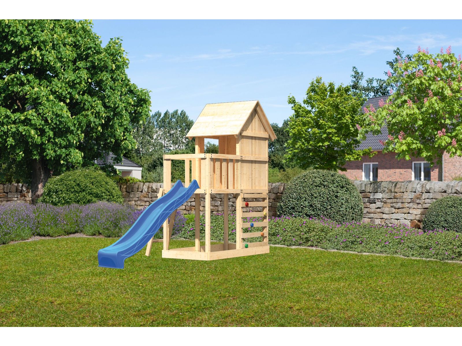 Karibu Stelzenhaus Frieda + Rutsche blau + Kletterwand