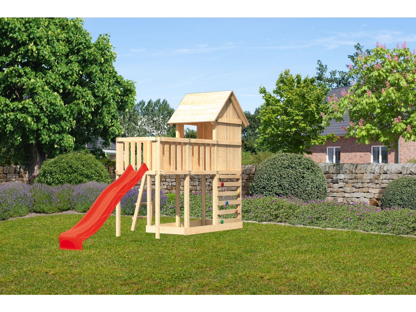 Karibu Stelzenhaus Frieda + Rutsche rot + Anbauplattform + Kletterwand