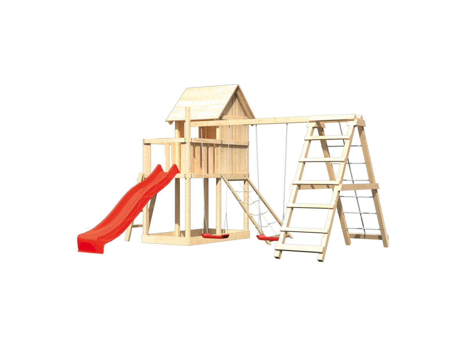 Karibu Stelzenhaus Frieda + Rutsche rot + Doppelschaukel mit Klettergerüst + Netzrampe - Image 4