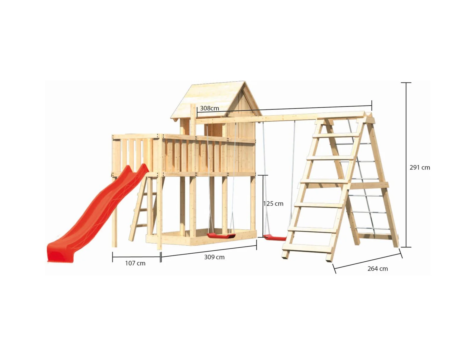 Karibu Stelzenhaus Frieda + Rutsche rot + Doppelschaukelanbau Klettergerüst + Anbauplattform - Image 2