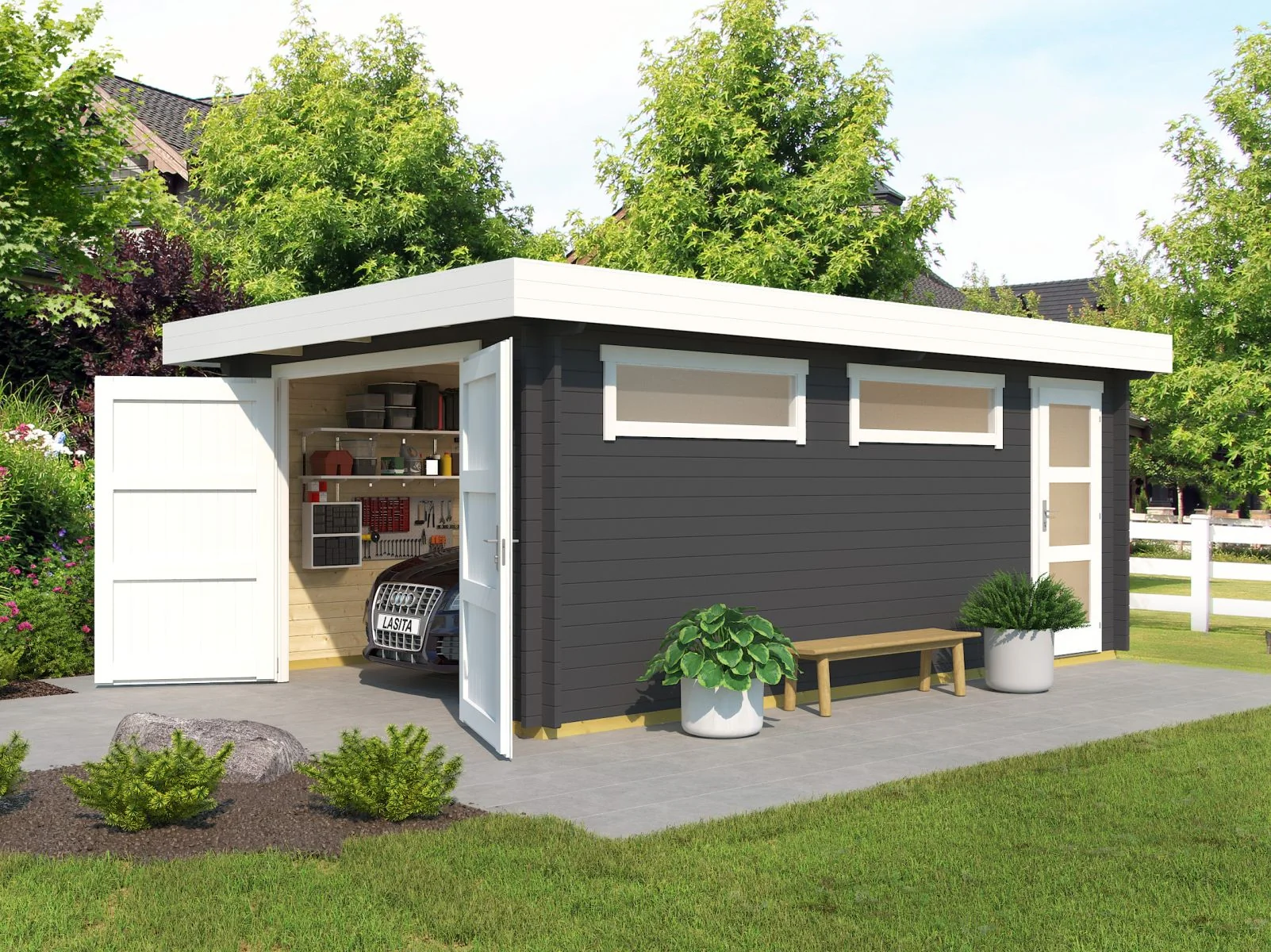 Lasita Blockbohlengarage Canberra mit Holztur, carbongrau, 44 mm
