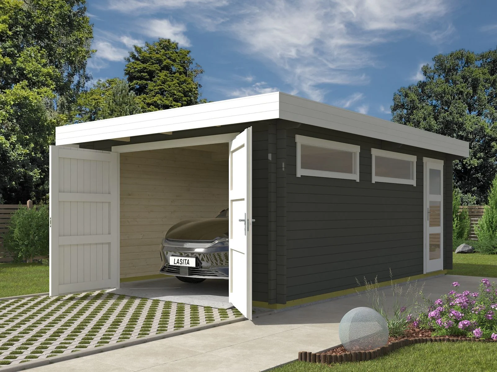 Lasita Blockbohlengarage Canberra mit Holztur, grüngrau, 44 mm