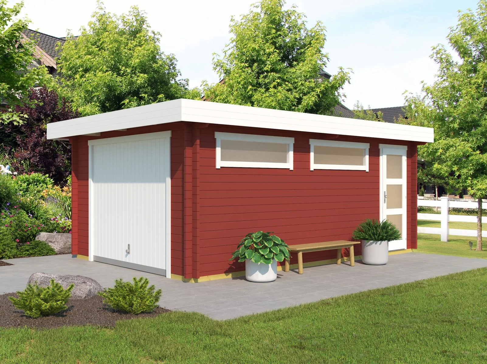 Lasita Blockbohlengarage Canberra mit Schwingtor, schwedenrot, 44 mm
