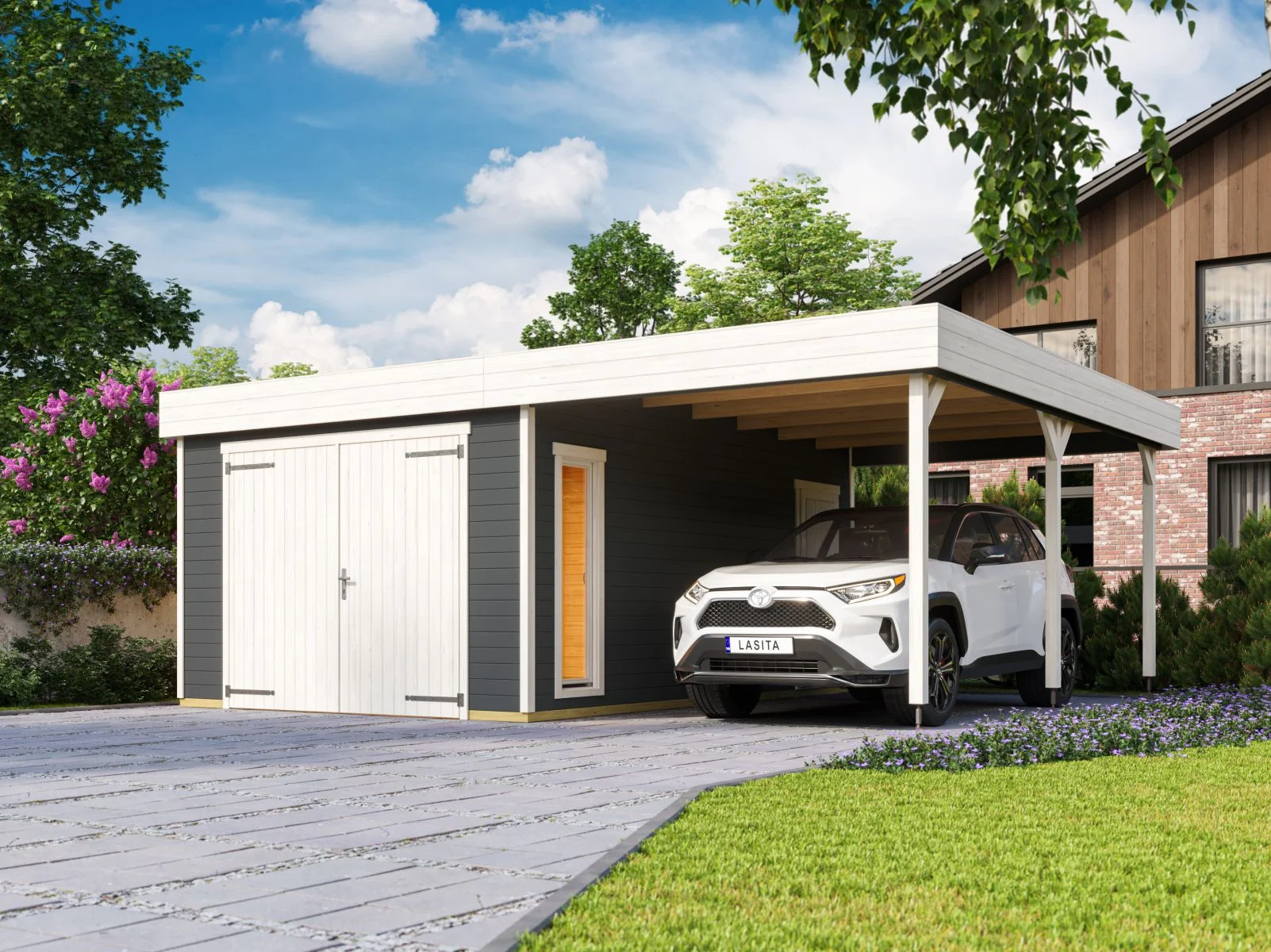 Lasita Garage Bahamas 1 inkl. Carport und Holztor, carbongrau, 44 mm