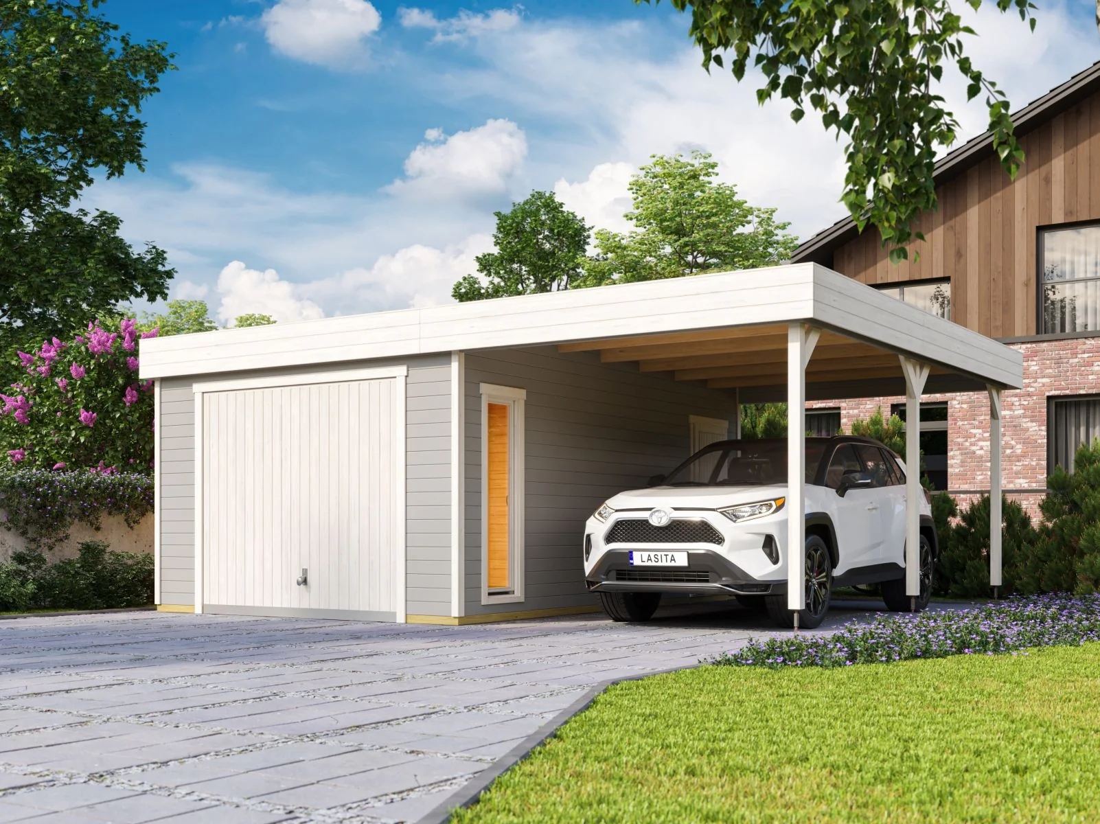Lasita Garage Bahamas 1 inkl. Carport und Schwingtor, lichtgrau, 44 mm