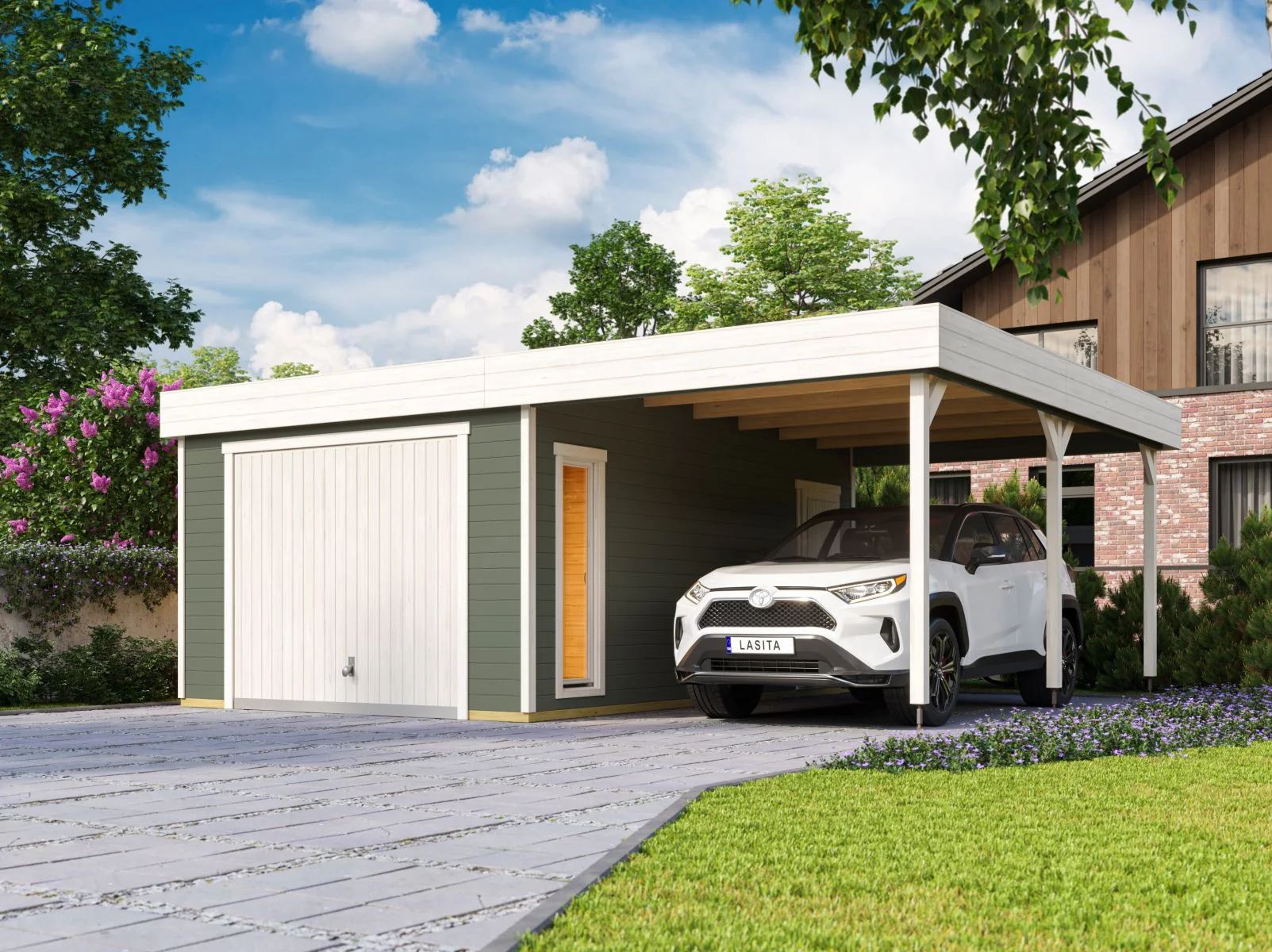 Lasita Garage Bahamas 1 inkl. Carport und Sektionaltor, grüngrau, 44 mm