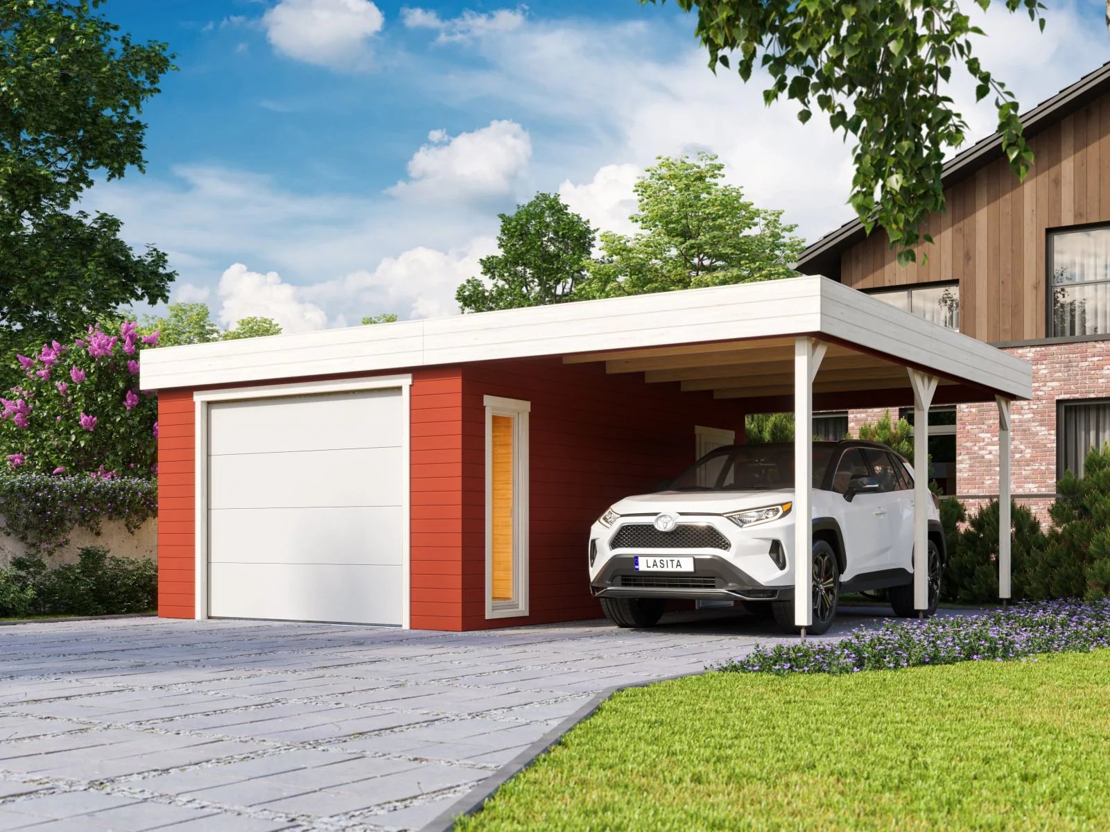 Lasita Garage Bahamas 1 inkl. Carport und Sektionaltor, schwedenrot, 44 mm