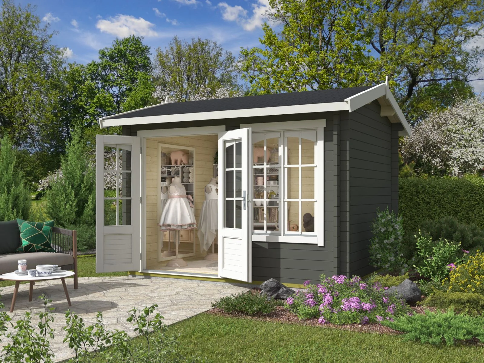 Lasita Gartenhaus Alex 44 mm Wandstärke, grüngrau