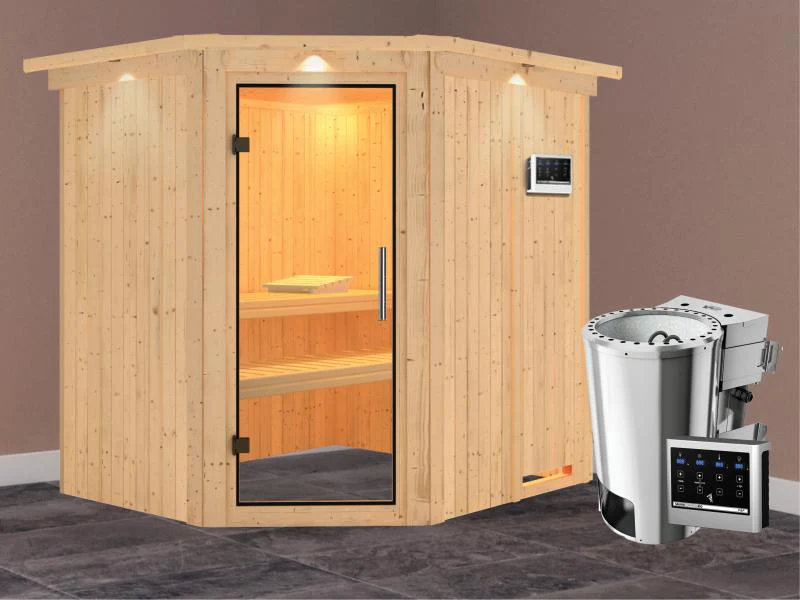 Lilja - Karibu Sauna Plug & Play 3,6 kW Bio Ofen, ext. Steuerung - mit Dachkranz - Klarglas Ganzglas - Image 2