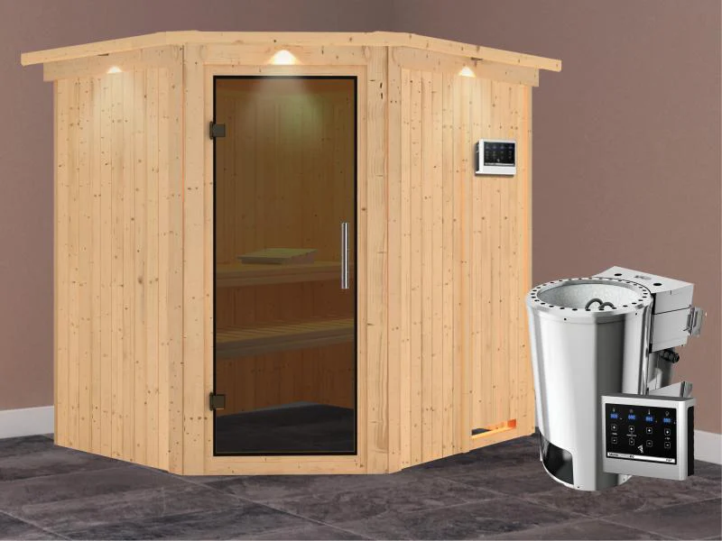 Lilja - Karibu Sauna Plug & Play 3,6 kW Bio Ofen, ext. Steuerung - mit Dachkranz - Moderne Saunatür - Image 2