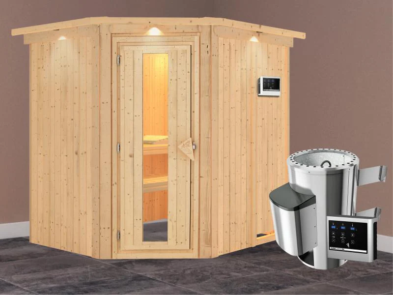 Lilja - Karibu Sauna Plug & Play 3,6 kW Ofen, ext. Steuerung - mit Dachkranz - Energiespartür - Image 2