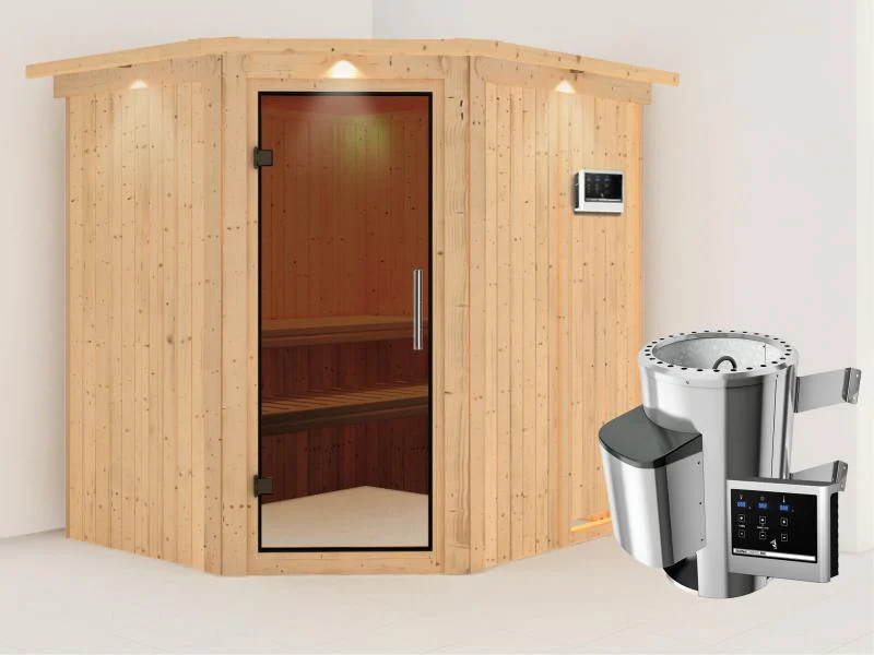 Lilja - Karibu Sauna Plug & Play 3,6 kW Ofen, ext. Steuerung - mit Dachkranz - Moderne Saunatür