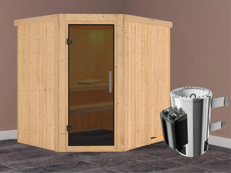 Lilja - Karibu Sauna Plug & Play 3,6 kW Ofen, int. Steuerung - ohne Dachkranz - Moderne Saunatür - Image 2