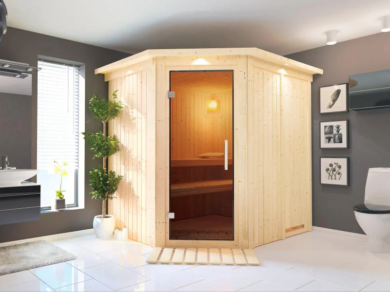 Lilja - Karibu Sauna Plug & Play ohne Ofen - mit Dachkranz - Moderne Saunatür