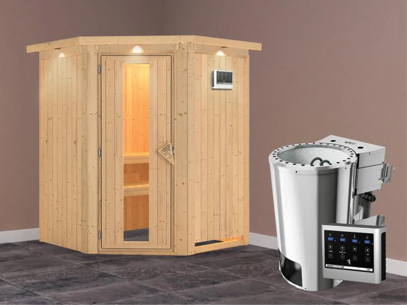 Nanja - Karibu Sauna Plug & Play 3,6 kW Bio Ofen, ext. Steuerung - mit Dachkranz - Energiespartür - Image 2