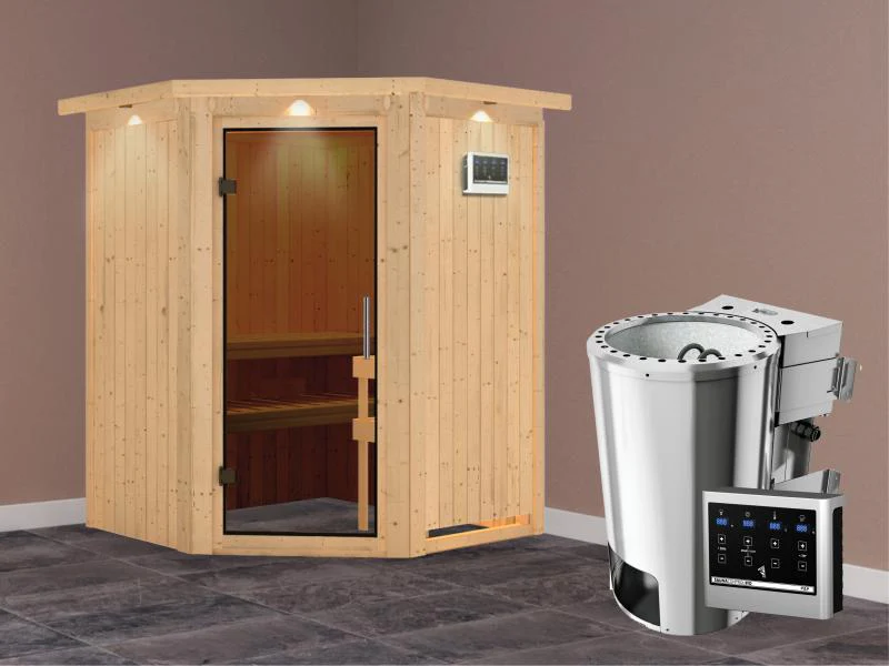 Nanja - Karibu Sauna Plug & Play 3,6 kW Bio Ofen, ext. Steuerung - mit Dachkranz - Moderne Saunatür - Image 2