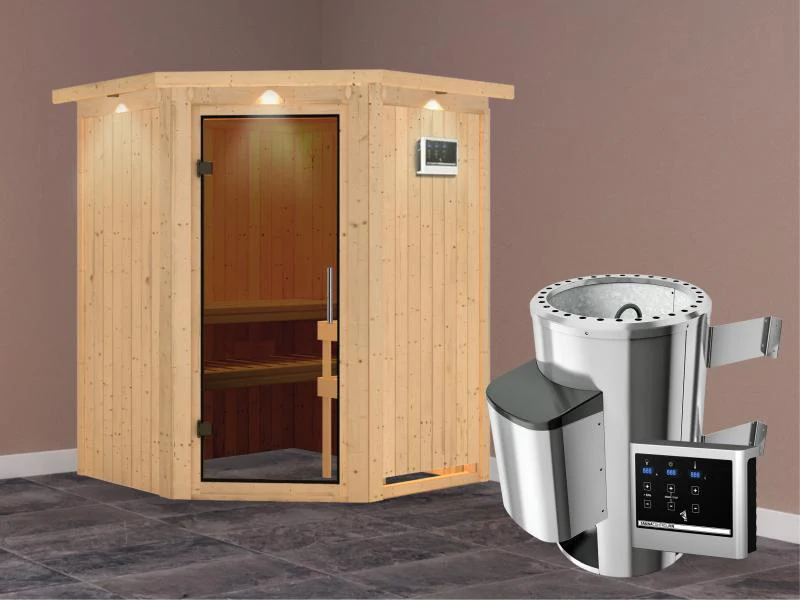 Nanja - Karibu Sauna Plug & Play 3,6 kW Ofen, ext. Steuerung - mit Dachkranz - Moderne Saunatür - Image 2