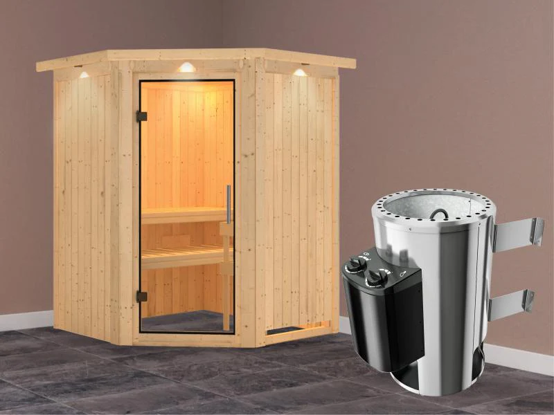Nanja - Karibu Sauna Plug & Play 3,6 kW Ofen, int. Steuerung - mit Dachkranz - Klarglas Ganzglastür - Image 2
