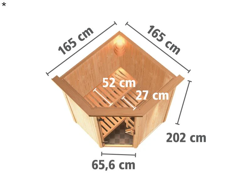 Nanja - Karibu Sauna Plug & Play 3,6 kW Ofen, int. Steuerung - mit Dachkranz - Klarglas Ganzglastür - Image 3