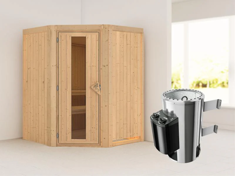 Nanja - Karibu Sauna Plug & Play 3,6 kW Ofen, int. Steuerung - ohne Dachkranz - Energiespartür