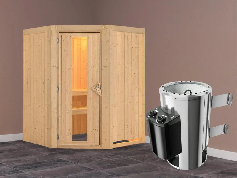 Nanja - Karibu Sauna Plug & Play 3,6 kW Ofen, int. Steuerung - ohne Dachkranz - Energiespartür - Image 2