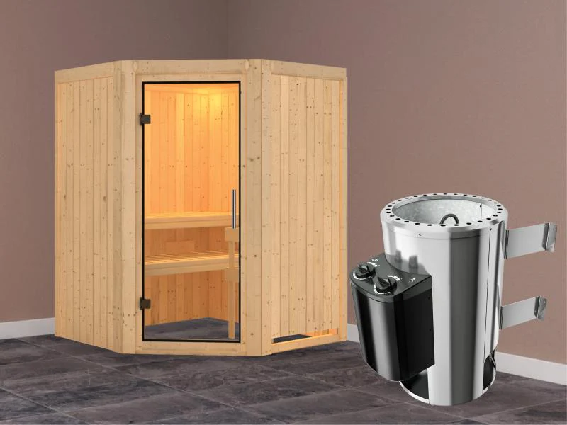 Nanja - Karibu Sauna Plug & Play 3,6 kW Ofen, int. Steuerung - ohne Dachkranz - Klarglas Ganzglastür - Image 2