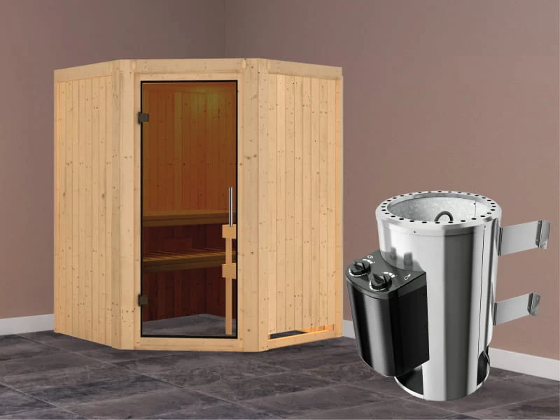 Nanja - Karibu Sauna Plug & Play 3,6 kW Ofen, int. Steuerung - ohne Dachkranz - moderne Saunatür - Image 2