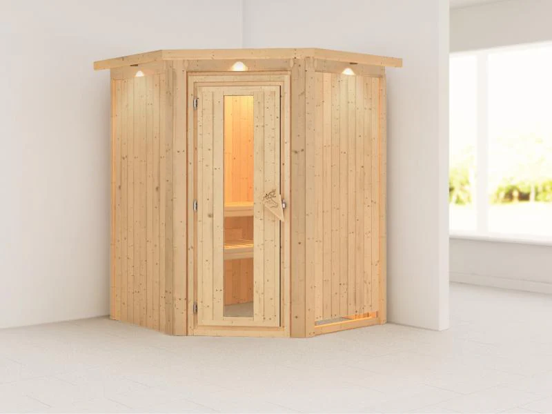 Nanja - Karibu Sauna Plug & Play ohne Ofen - mit Dachkranz - Energiespartür - Image 4