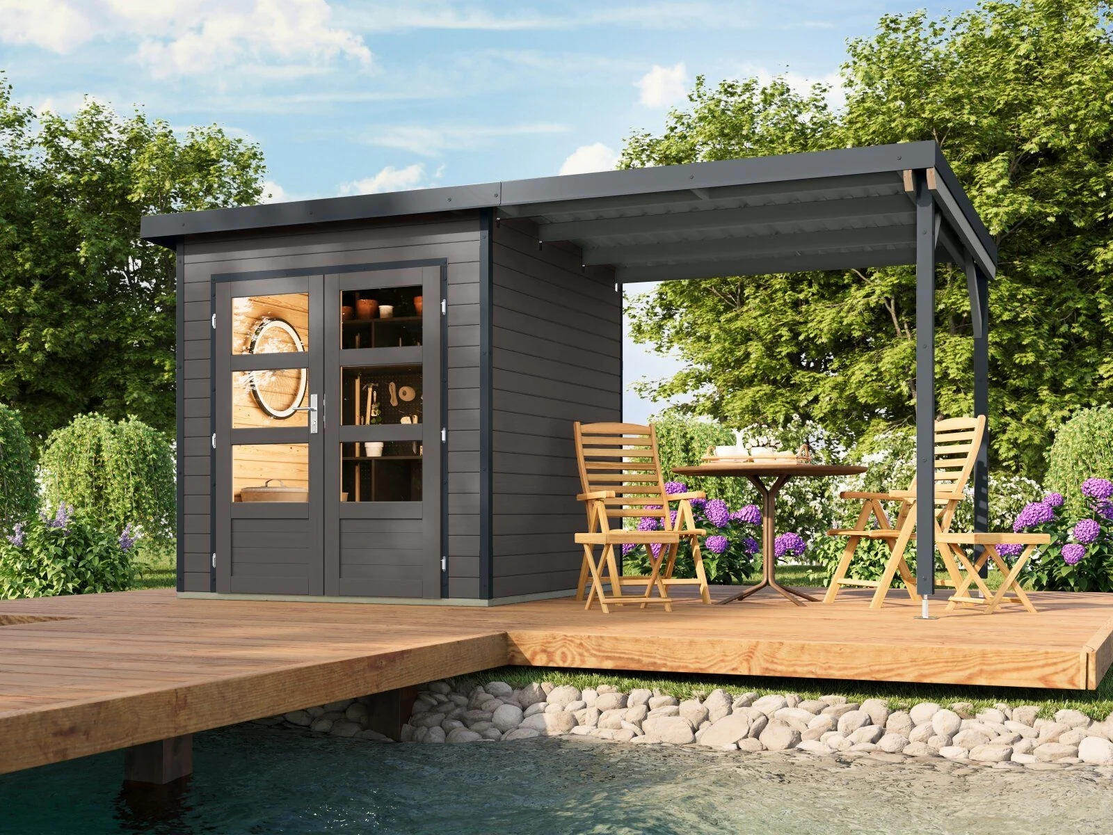 Norlinio Hybrid Gartenhaus Woodtallic 1, terragrau/anthrazit, inkl. Fußboden und Anbaudach