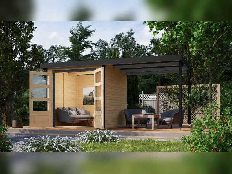 Norlinio Hybrid Gartenhaus Woodtallic 2, naturbelassen/anthrazit, inkl. Anbaudach und Fußboden
