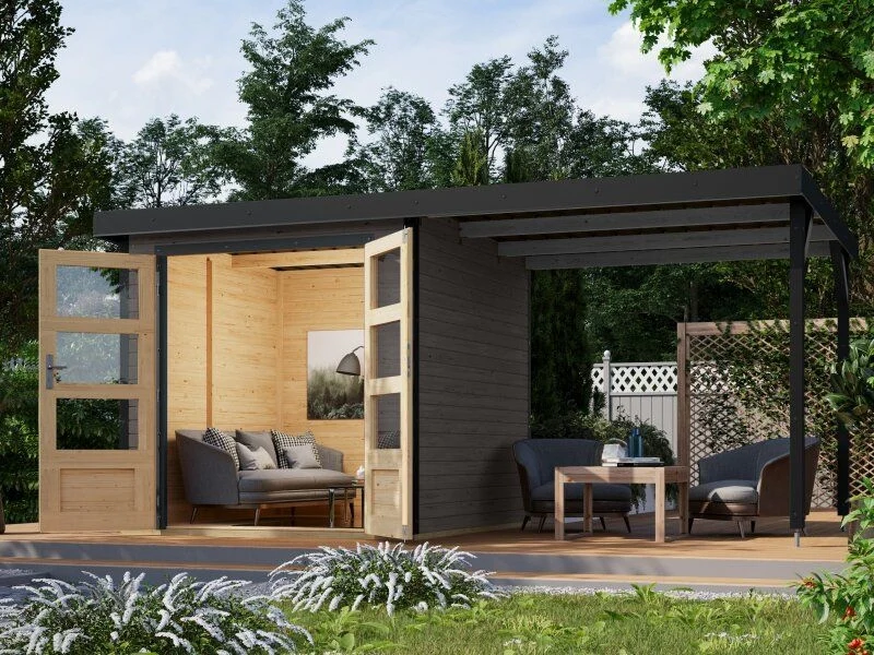 Norlinio Hybrid Gartenhaus Woodtallic 2, terragrau/anthrazit, inkl. Anbaudach und Fußboden
