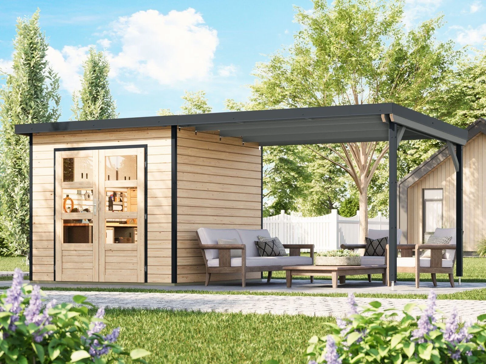 Norlinio Hybrid Gartenhaus Woodtallic 3, naturbelassen/anthrazit, inkl. Fußboden und Anbaudach