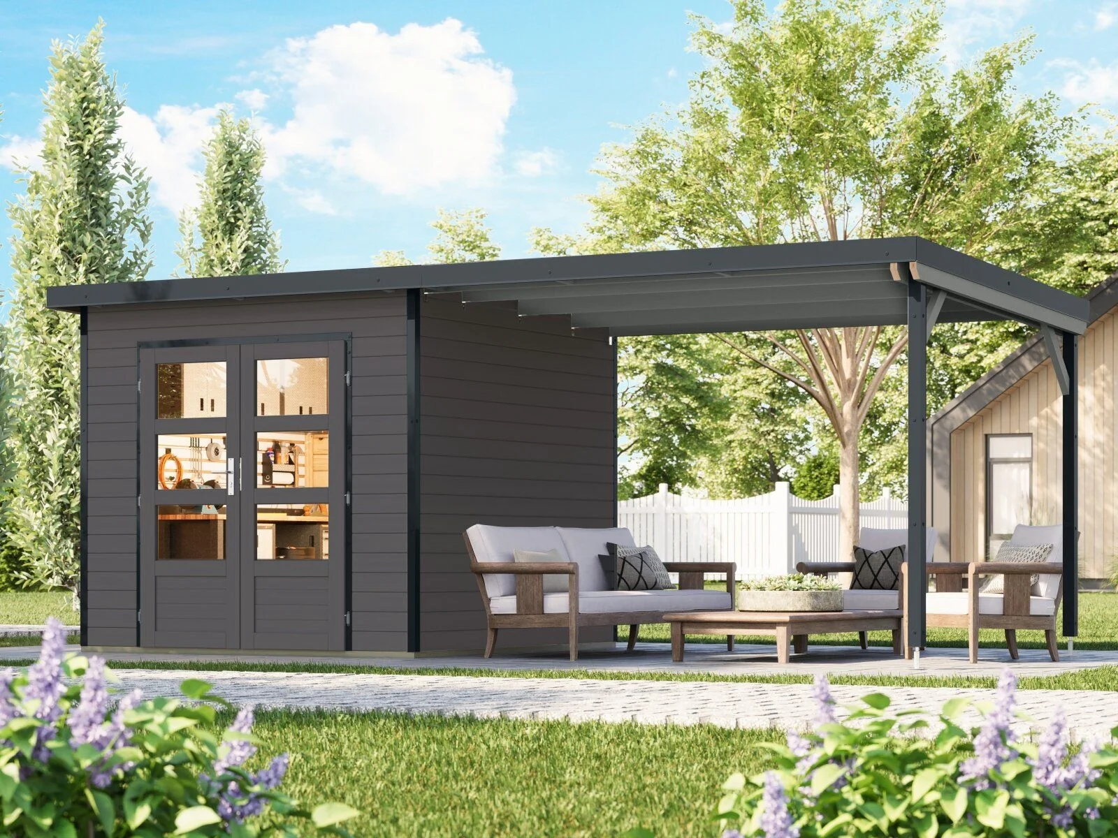 Norlinio Hybrid Gartenhaus Woodtallic 3, terragrau/anthrazit, inkl. Fußboden und Anbaudach