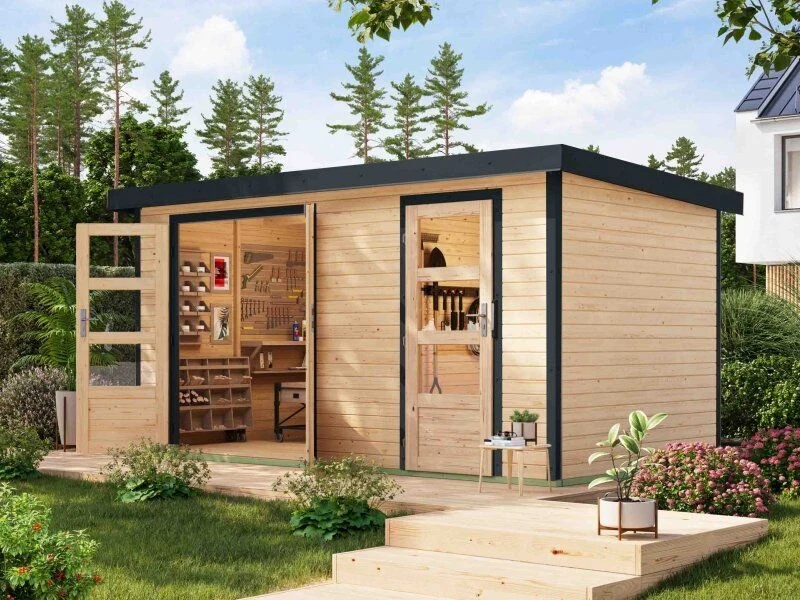 Norlinio Hybrid Zweiraumhaus Woodtallic, naturbelassen/anthrazit, inkl. Fußboden