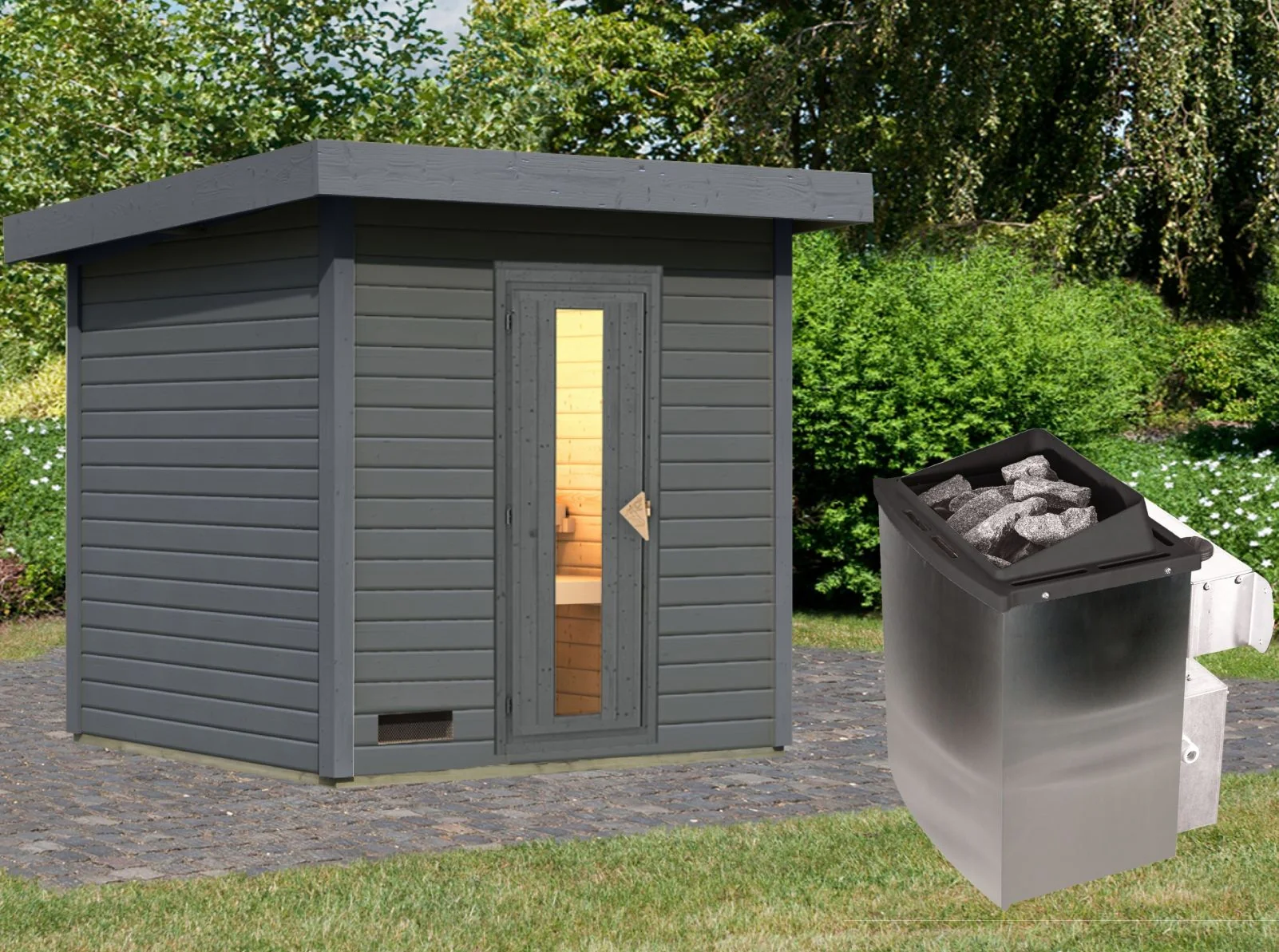 Norlinio Saunahaus Hella 2 terragrau 38 mm - inkl. 9 kW Ofen integr. Steuerung - mit Dacheindeckung u