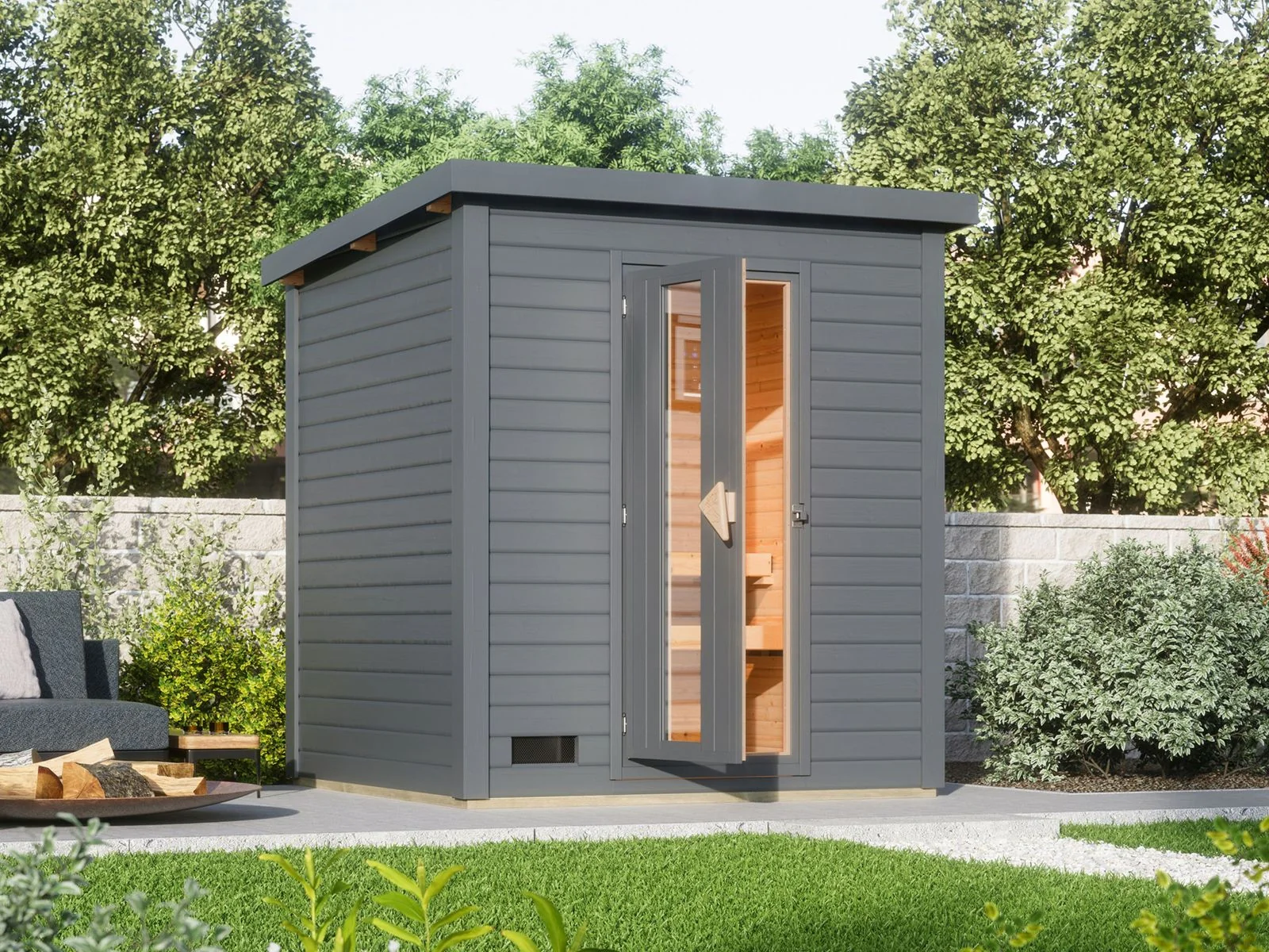 Norlinio Saunahaus Hella 2 terragrau 38 mm - inkl. 9 kW Ofen integr. Steuerung - mit Dacheindeckung u - Image 2