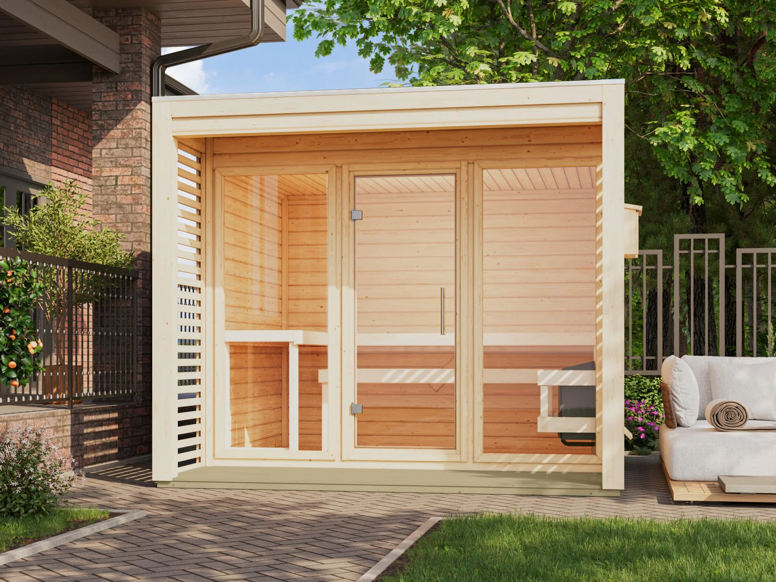 Norlinio Saunahaus Patio 3, 38 mm naturbelassen -inkl. 9 kW Ofen ext. Steuerung- inkl. Dache