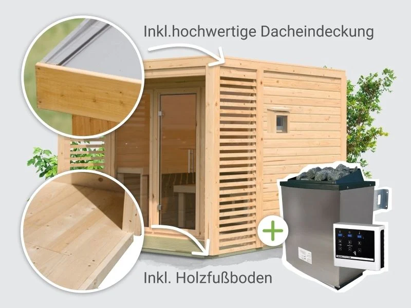 Norlinio Saunahaus Patio 3, 38 mm naturbelassen -inkl. 9 kW Ofen ext. Steuerung- inkl. Dache - Image 5