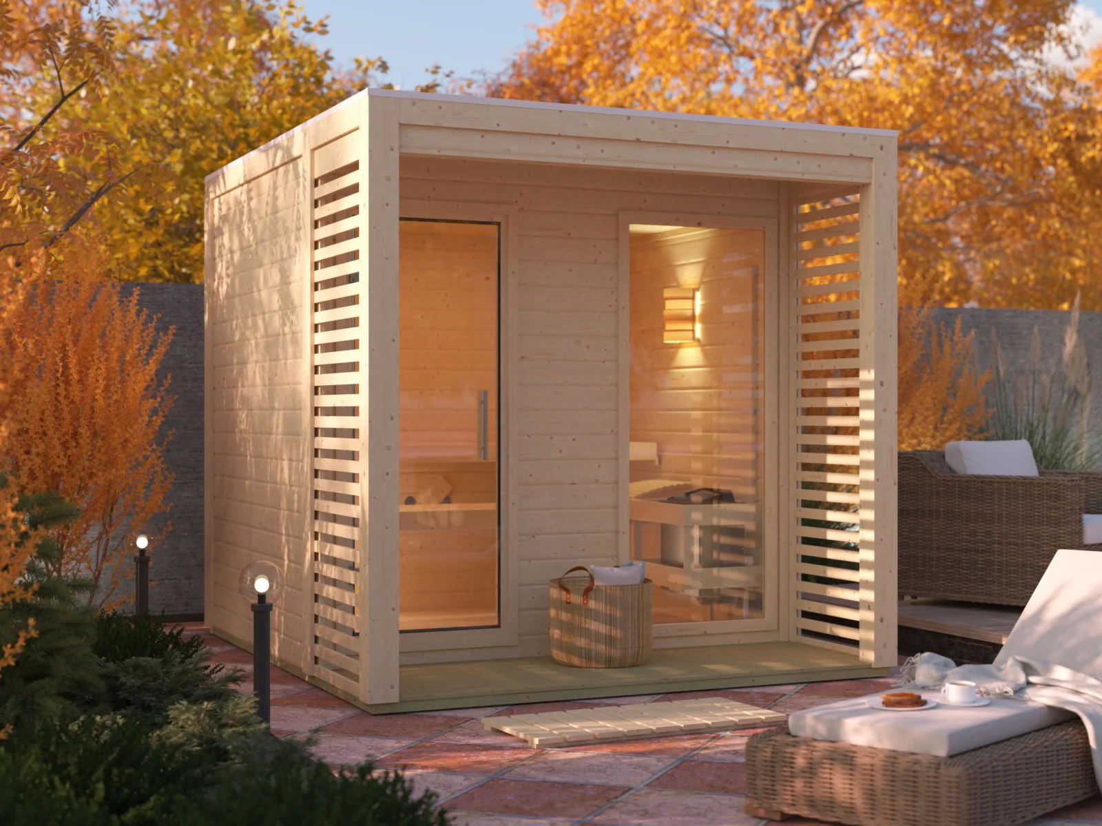 Norlinio Saunahaus Patio 2, 38 mm naturbelassen -inkl. 9 kW Bioofen ext. Steuerung-, inkl. D